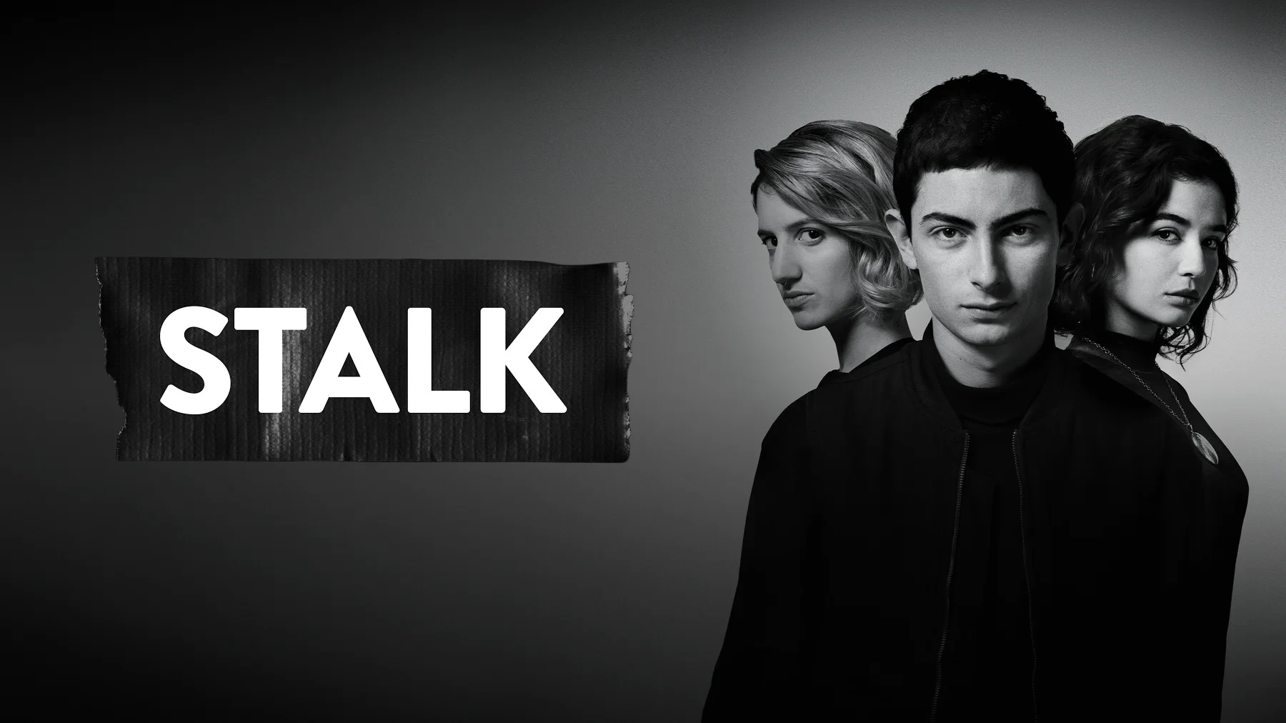 Three protagonists standing next to the Stalk series logo